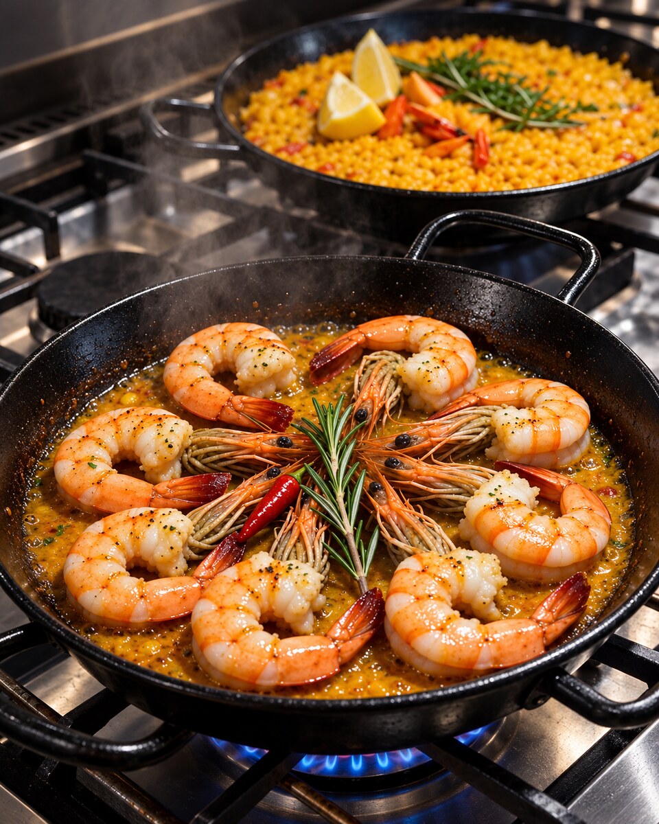 Garnelen mit Rosmarin in einer heißen Pfanne, dahinter Paella mit Zitrone