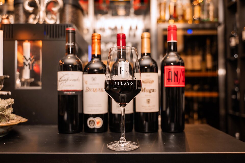 Rotwein im Pelayo-Glas vor einer Auswahl spanischer Weinflaschen
